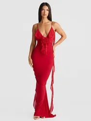 Articat Sexy Spaghetti Strap Naked Back 3D Flower Women Dress Elegant V-neck Long Skirt Bodycon Strap Party Club Evening Dress