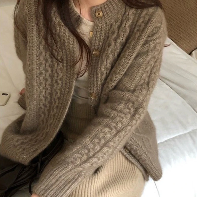 Maglione di cashmere Capispalla Cappotto lavorato a maglia stile britannico vintage allentato O-Collo Top da donna monopetto in tinta unita