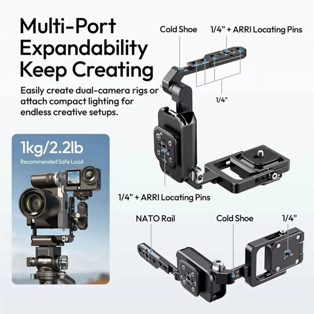 A49T XJ01 Universal Foldable Camera Cage 2-in-1 Handle Cage for DSLR Mirrorless Camera Tripod Gimbal with Phone Clamp