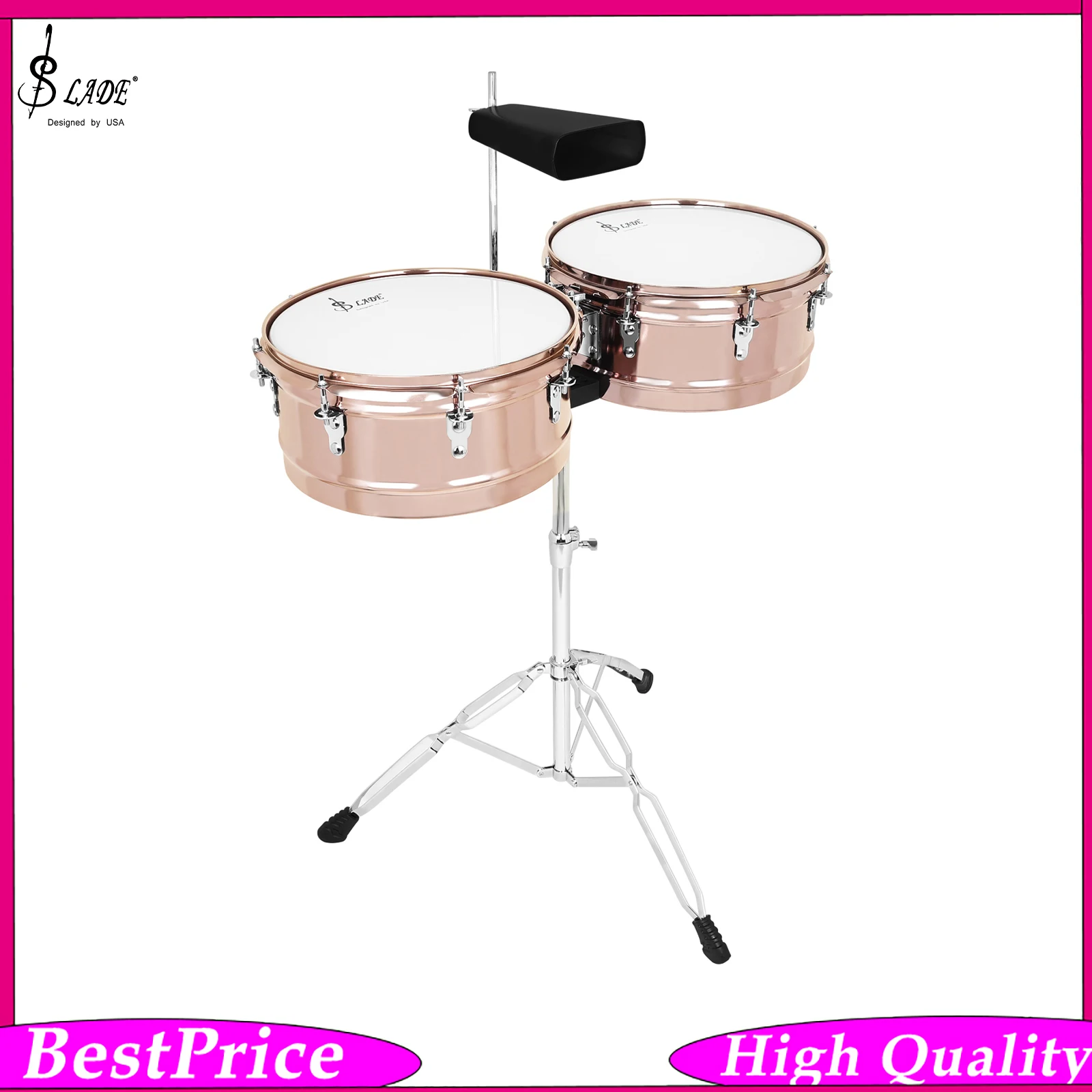 SLADE 14 15 Inch Timbales Drum Set Rose Gold Color with Tripod Stand Cowbell Mount Drum Sticks for Live Stage Band Performance