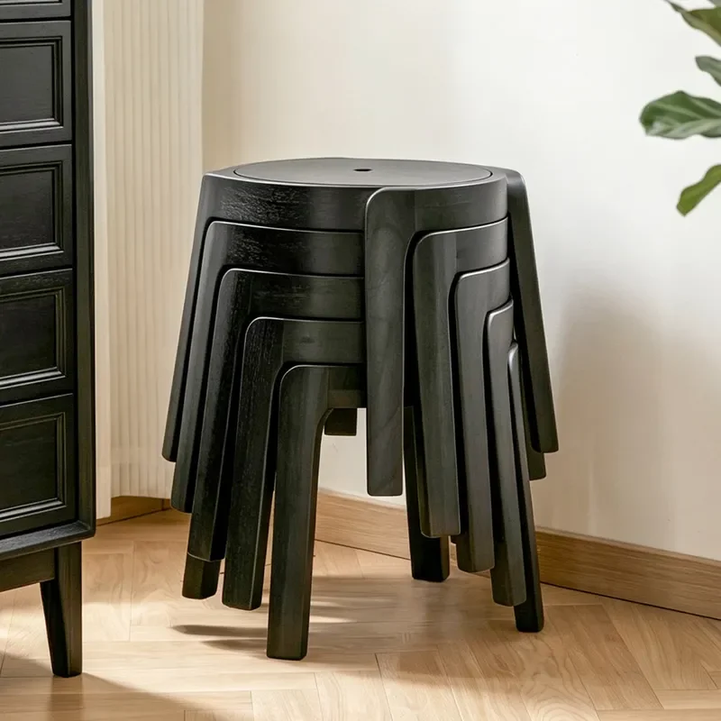 Stackable Curved Solid Wood Stool Black Round Entryway Shoe Changing Bench Space Saving Small Household Hospitality Guest