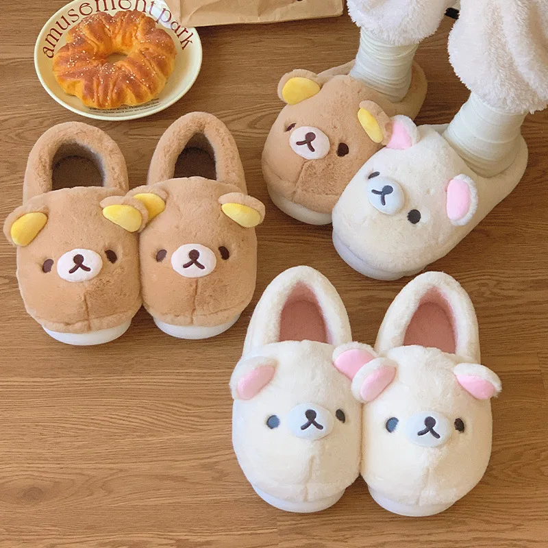 شباشب قطنية من Rilakkuma للجنسين للشتاء للاستخدام الداخلي والخارجي يمكن ارتداؤها ومضادة للانزلاق أحذية قطنية دافئة بتصميم لطيف للرجال والنساء