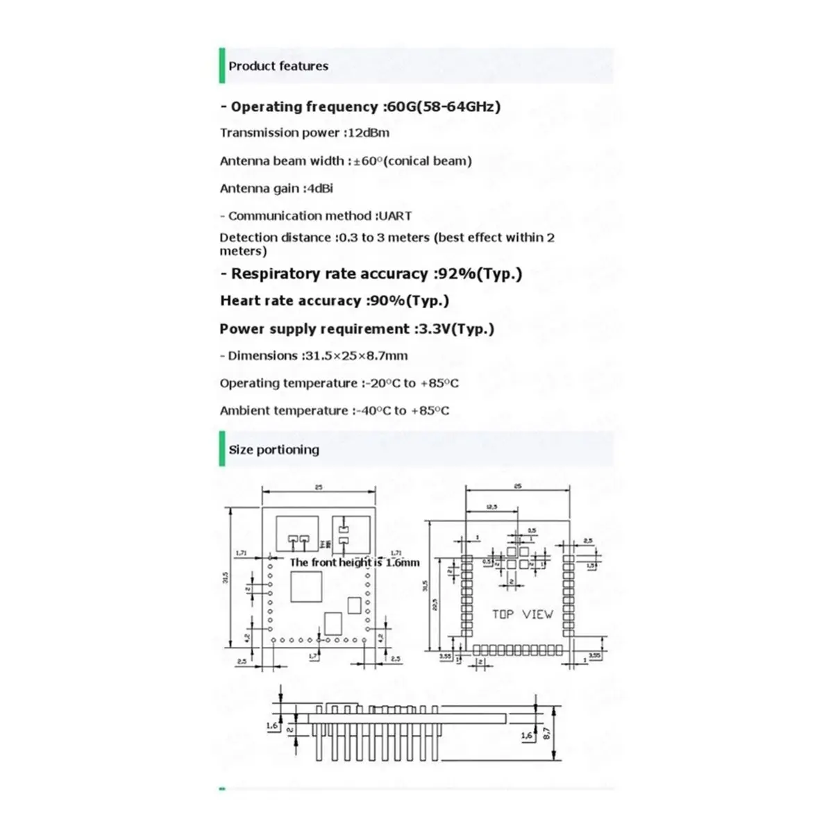 Dynamic 60GHz Millimeter Wave Radar Module+Base Plate Kit LD6003 Respiratory Heart Rate Detection Module Human Presence Sensor