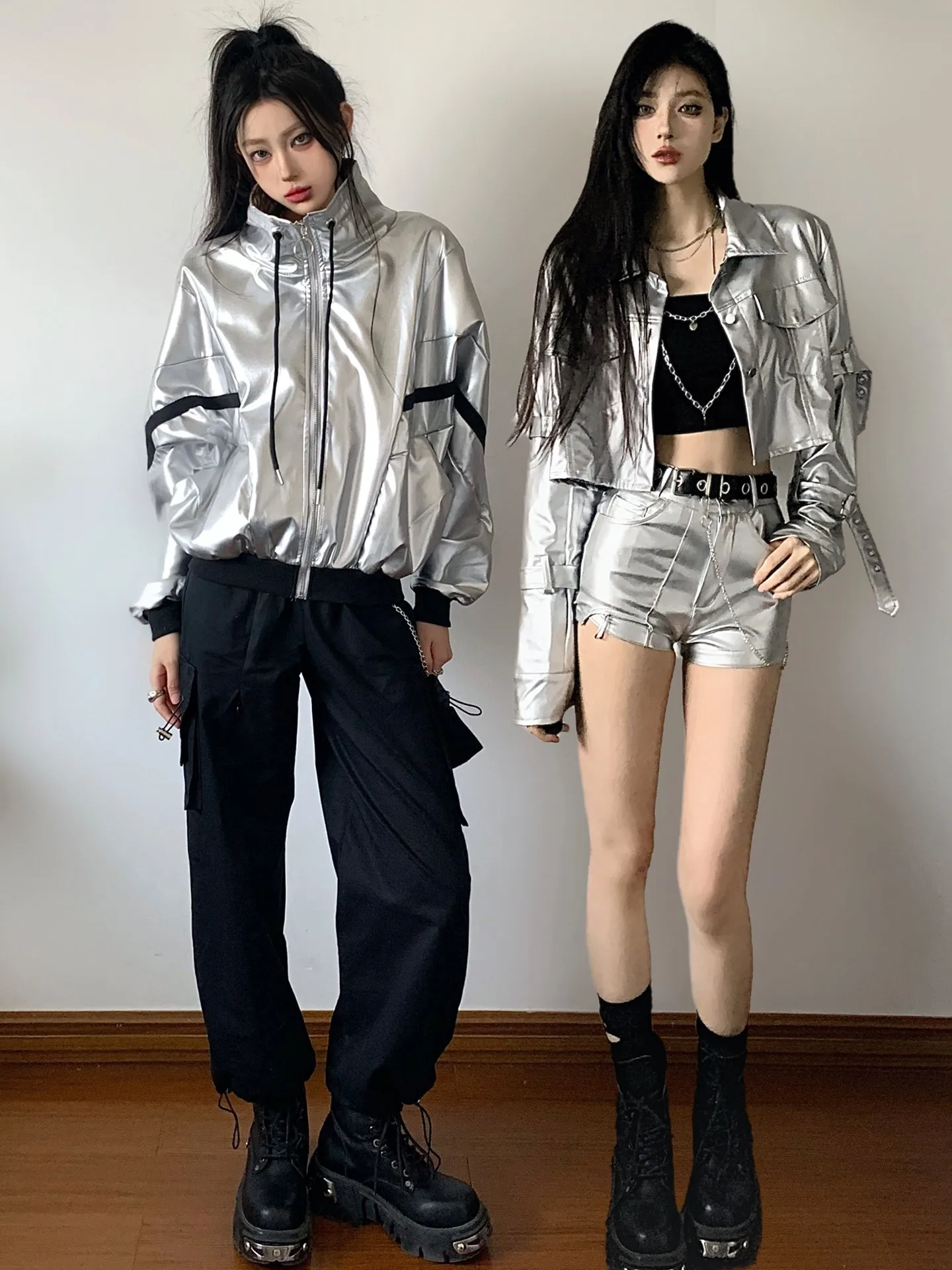 Silver Jazz Style Motorcycle Theme Stage Performance Top for Women's Group Punk Future Technology Fashionable Streetwear