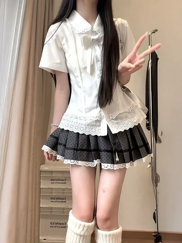 

Sweet And Spicy College Style JK Uniform Two-Piece Set Summer Japanese Style Ruffle Shirt Pleated Skirt Whole Set Women's Fas...