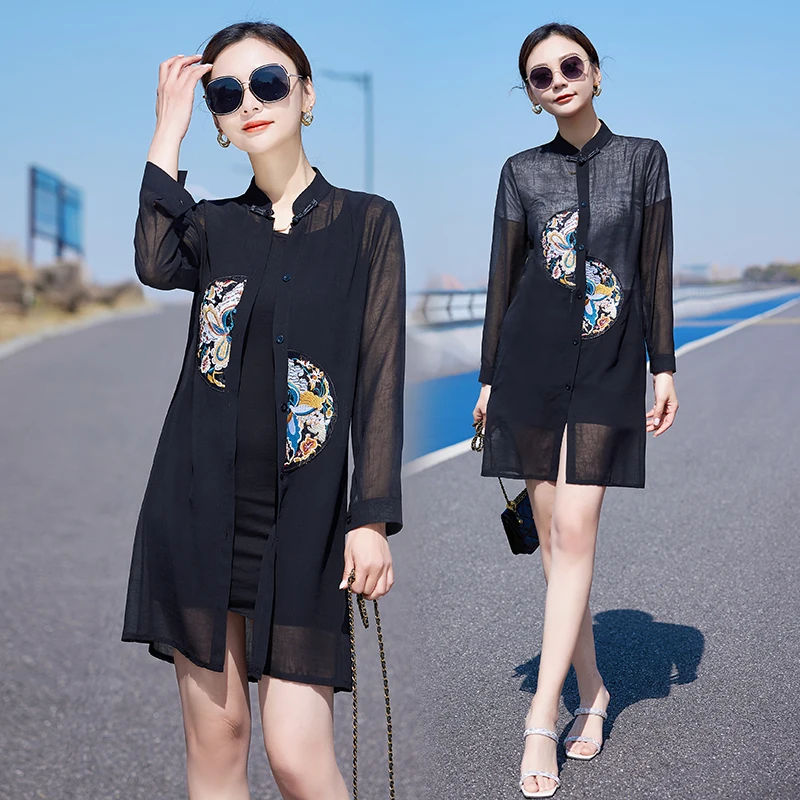 

Vintage Chinese Style Embroidery Black Long Shirts Women Summer Stand-Collar Long Sleeve Cardigan Holiday Beach Thin Cover-Up