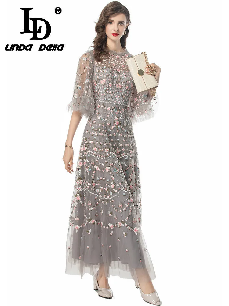 LD LINDA DELLA Summer Runway Fashion Dress Women Vintage Temperame Net Yarn Flowers Embroidery Beading Sequins Gorgeous Dresses