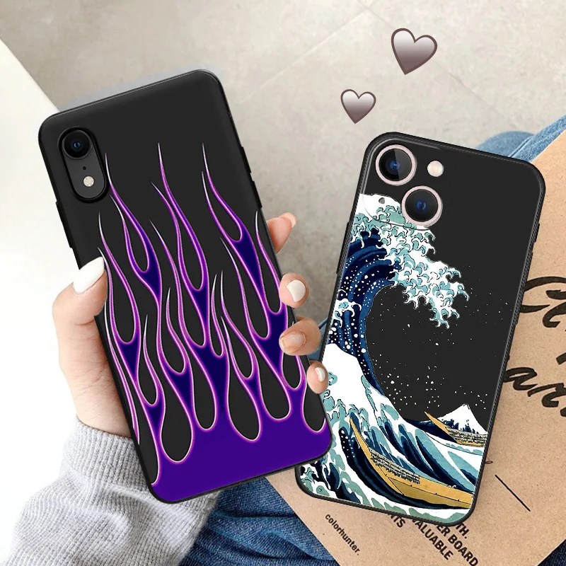 Phone Case for iPhone 14 13 15 Pro Max 12 11 Pro XS Max XR X SE 7 8 6s Blue purple red Flame Sea wave Black Cover Silicone Cases