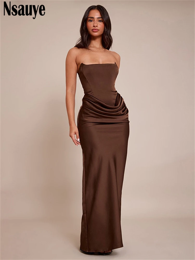 Nsauye Women Elegant Evening Party Satin Long New Fashion Bodycon Maxi Dress Tube Strapless Sexy Night Club Corset Dress 2026