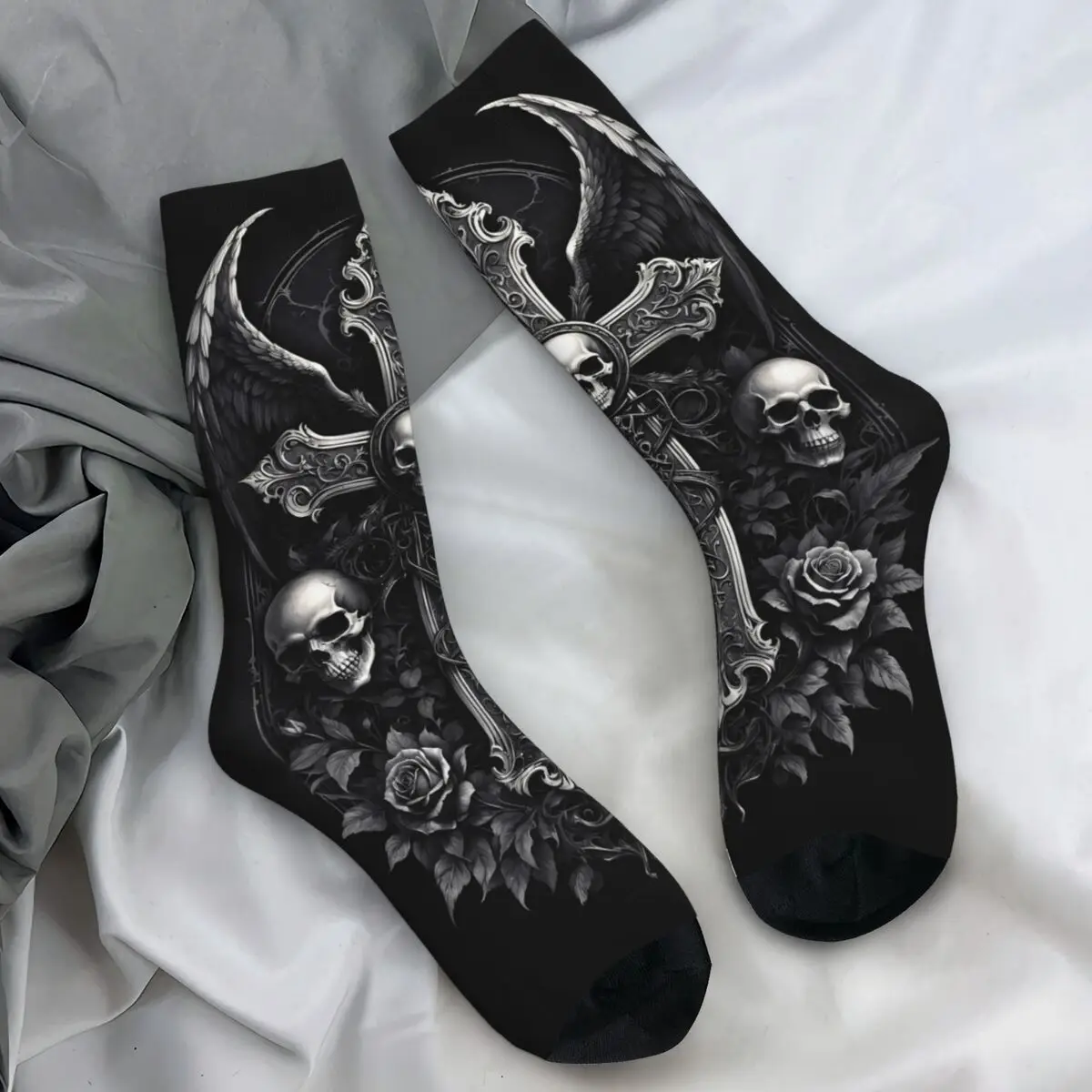 유니섹스 남성 양말 다크 스컬 크로스 고딕 아트 스타킹 겨울 우아한 부드러운 양말 맞춤형 야외 미끄럼 방지 양말