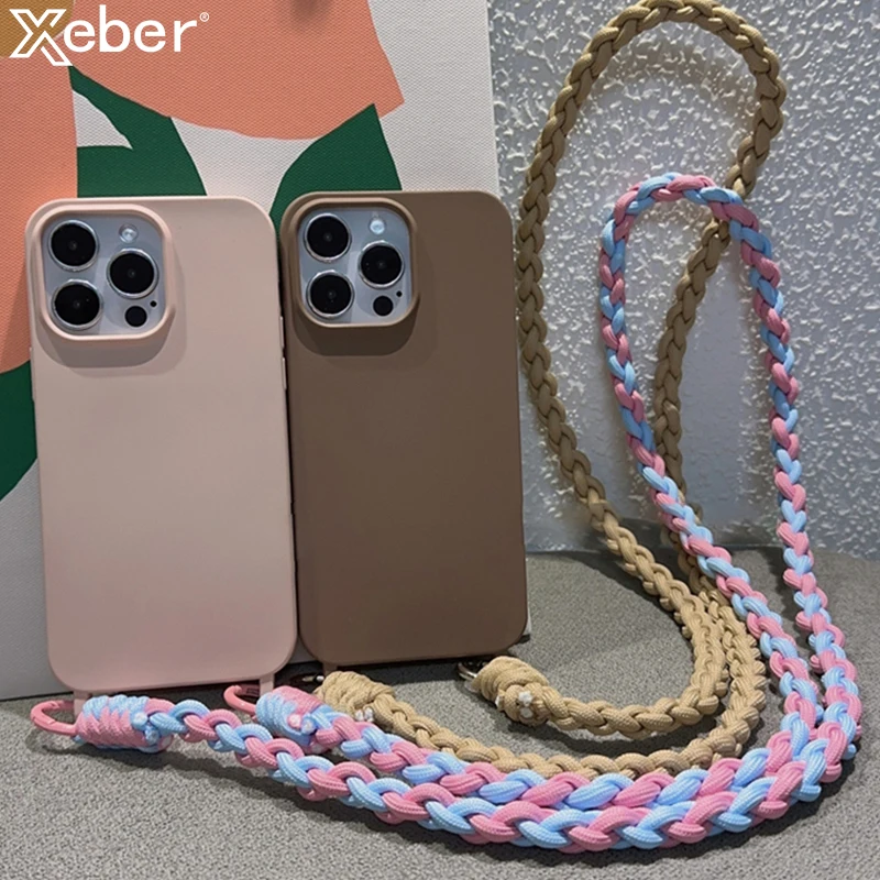 Crossbody Necklace Lanyard Strap Liquid Silicone Soft Case For iPhone 15 Pro Max 14 13 12 11 Candy Color Shockproof Bumper Cover