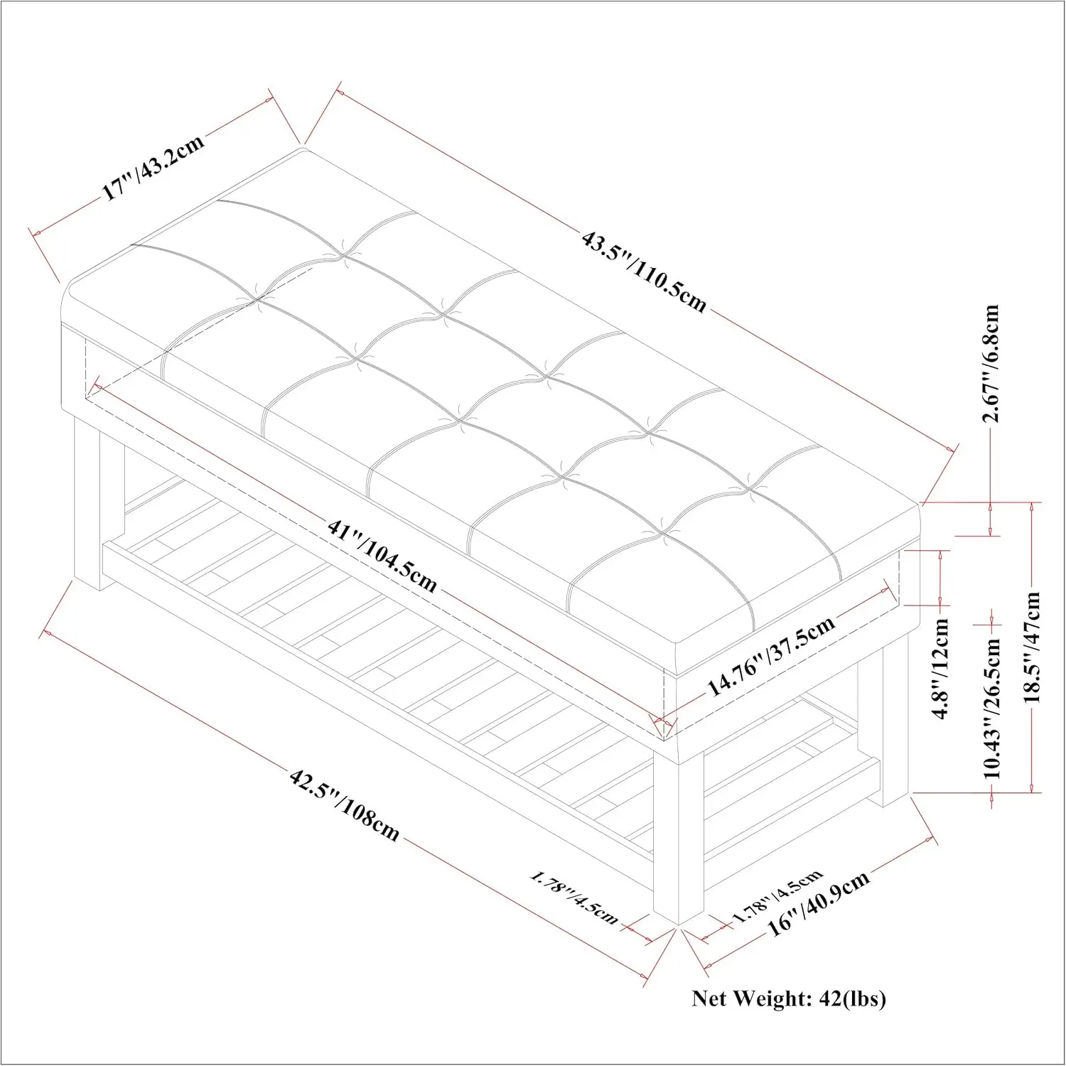 ม้านั่งออตโตมันทรงสี่เหลี่ยมผืนผ้าเปลี่ยนผ่านกว้าง 43 นิ้วสําหรับห้องนั่งเล่นและห้องนอน