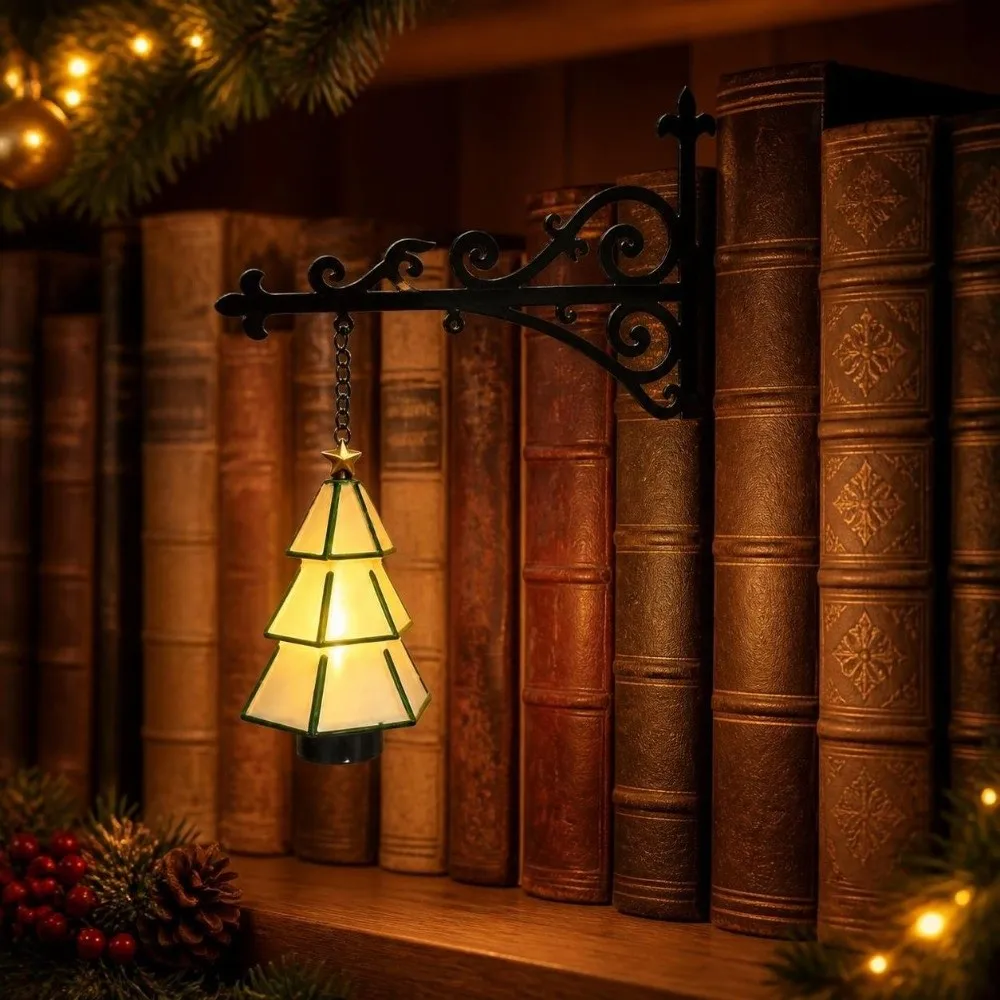 Night Light Creative Christmas Bookshelf Lamp Warm Light Iron Art Hanging Xmas Tree Light Cute Cartoon Book Nook Lamp Office Use