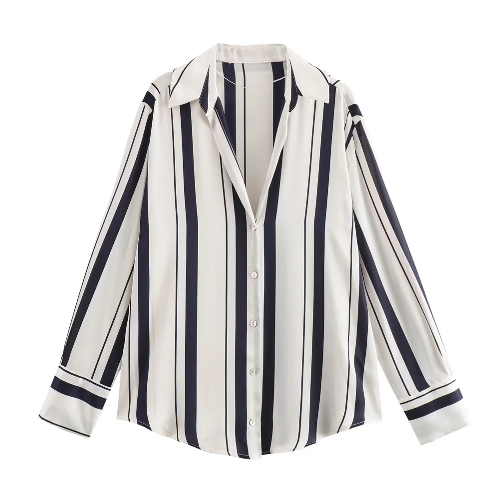 PB&ZA2024 autumn new women\'s clothing style loose and casual simple striped printed V-neck satin shirt top