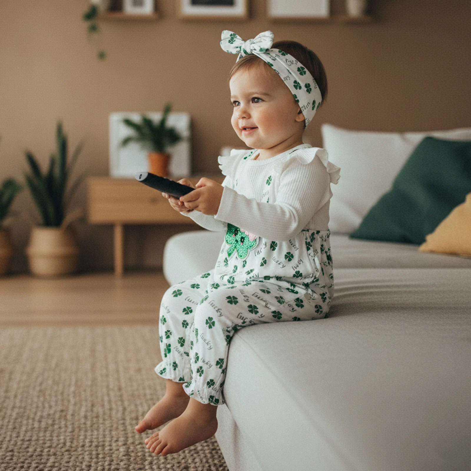 Newborn Baby Girl Spring Fall Romper Outfit, Crew Neck Long Sleeve Clover Print Jumpsuit with Headband St. Patrick's Day Clothes