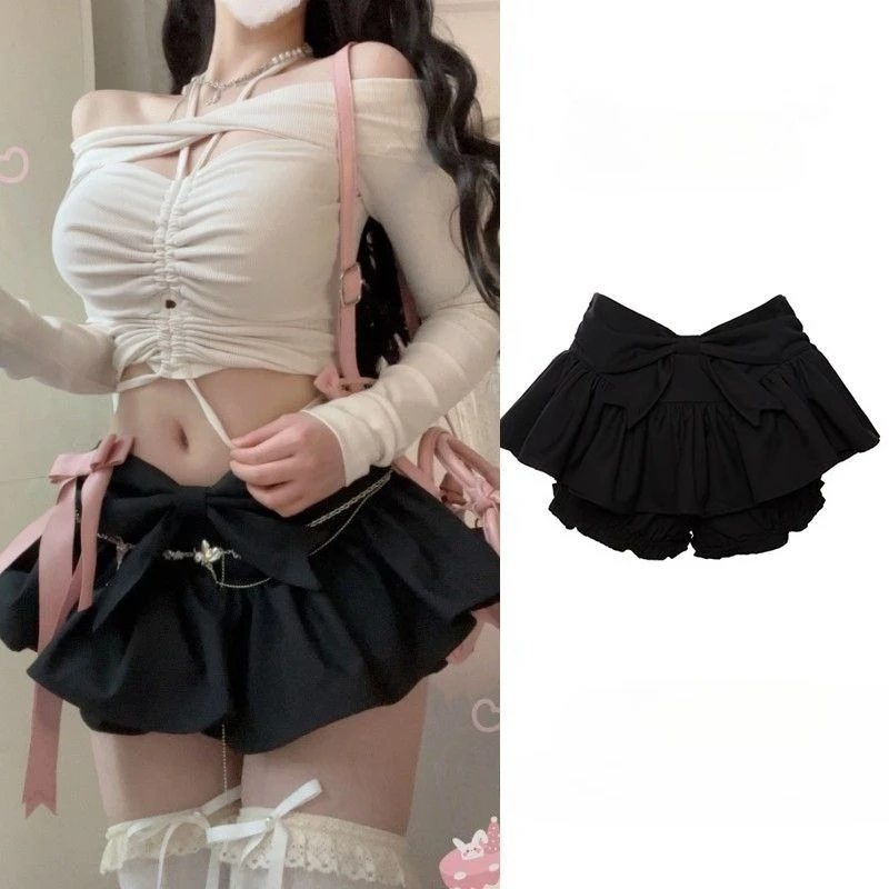 Japanese Kawaii Sweet Cake Skirt For Women Y2k A-line High Waist Pumpkin Flower Bud Pants Skirts Black Bow Faldas Mujer