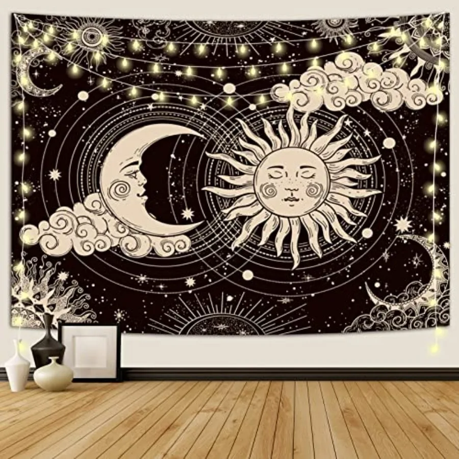 Sun and Moon Tapestry, Aesthetic Black Dark Spiritual Tapestries Mystic Burning Sun with Clouds Star Wall Hanging decor for Bed