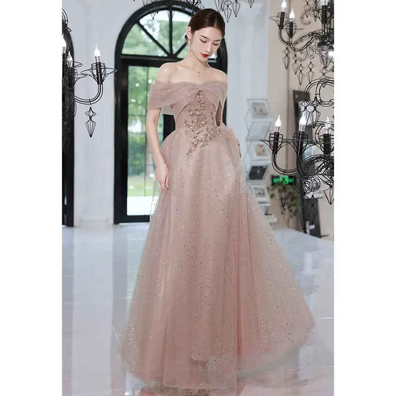 

2025 Women's New Blue One Shoulder Sexy Temperament Hosting Banquet Dress Fashion High Quality Luxury Vocal Art Exam Dress