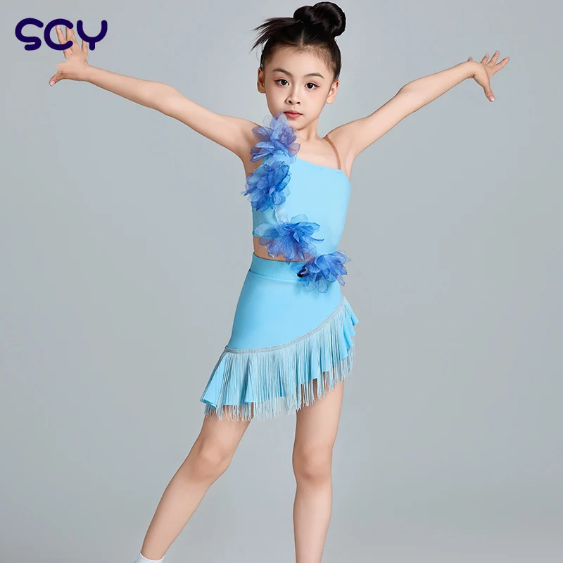 New Blue Latin Dance Dress Girls Cha Cha Rumba Samba Dance Costume Summer Kids Latin Fringe Dress Performance Clothing DNV23551