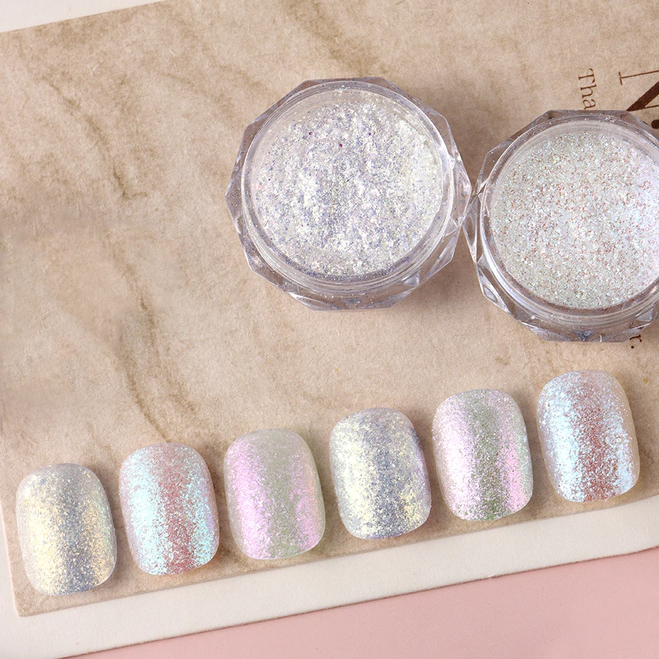 6 scatole Aurora cristallo bianco opale polvere per unghie olografica iridescente glitter paillettes strofinare polvere sirena camaleonte fiocchi manicure fai da te