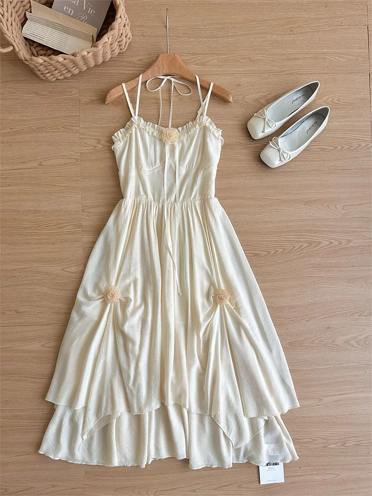 New Design Beige Wrapped Fairy Dress Elegant Slim Sexy Prom Gown Mori Girl Spaghetti Strap Dress Party Prom Formal Occasion Y2K