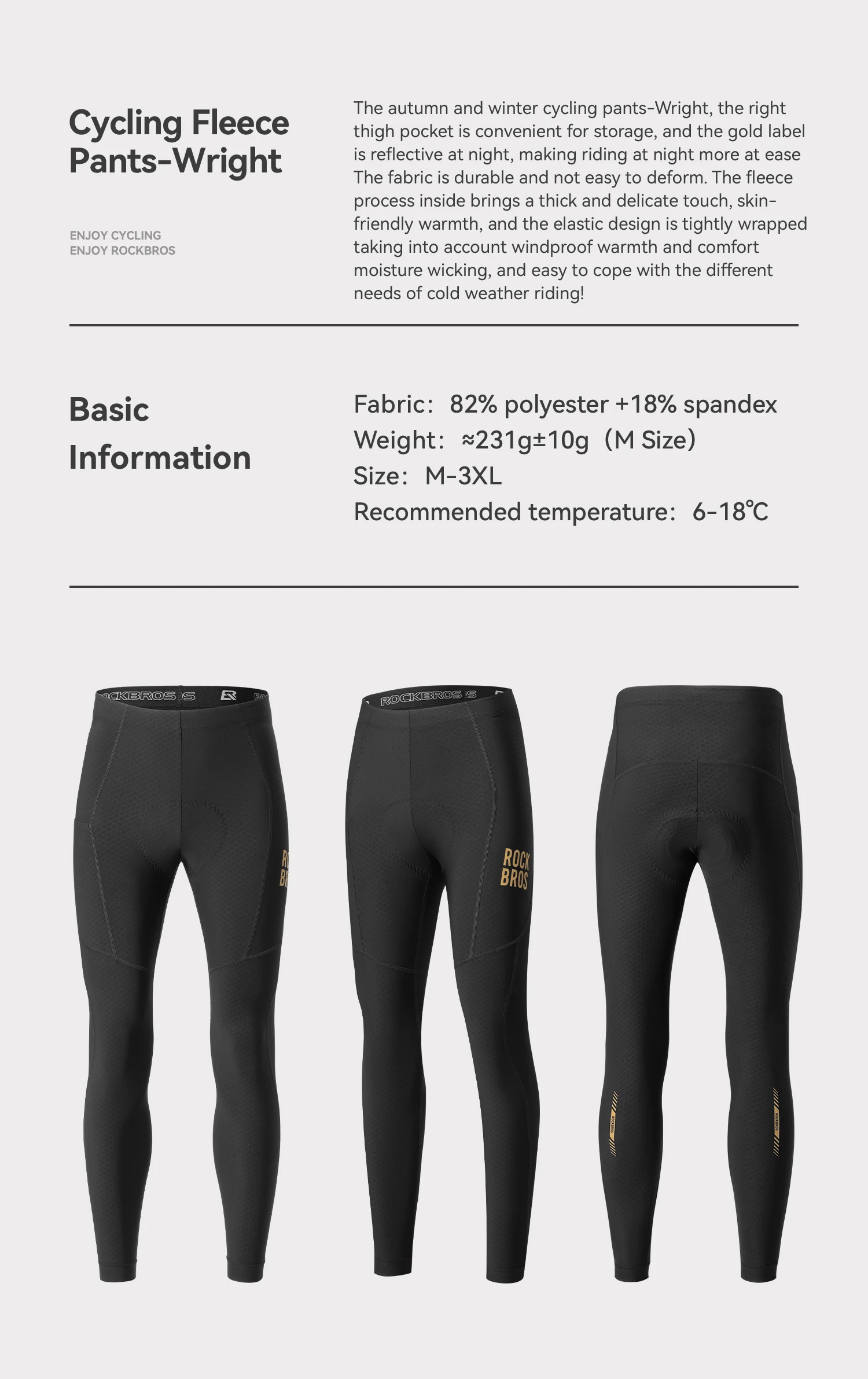 ROCKBROS Warme Fahrradhose Outdoor Winddichte Tights Leggings Fleece Winter Atmungsaktiv Stoßdämpfend Lange Fahrradhose mit Taschen – Detail 4