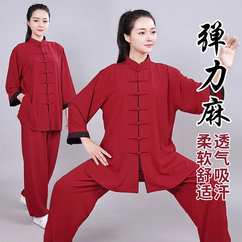 New Arrival Women Men Unisex Tai Chi Suit Stretch Linen Cotton Martial Arts Training & Morning Exercise Wear 3/4 Sleeve Trimmed