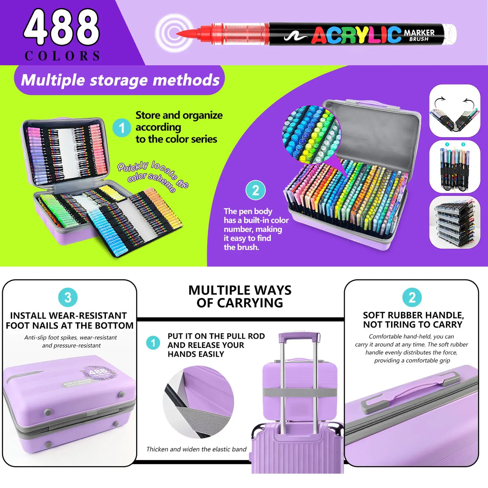 Guangna Brand Marker Pens, Classic 488 Colors, Suitcase-Style Direct Liquid Ink Control Acrylic Paint Marker Pens, Acrylic Paint Markers, Ink Is More Rich, Smooth Ink Flow, Comprehensive Color Range, Stackable Colors, Strong Coverage, Felt-Tip Pen Stationery Set, Suitable for Canvas, Wood, Stone, Glass, Ceramics, Fabric Painting, DIY Crafts, Art Supplies, Great Gift for Painters