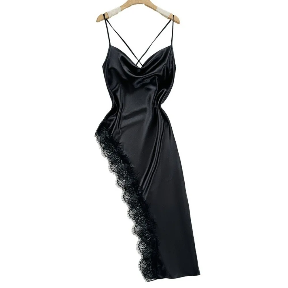 Elegant Split Women Nightgown V Neck Beauty-back Satin Silk Nightdress Spaghetti Strap Sleeveless Lace Pajama Dress Girl