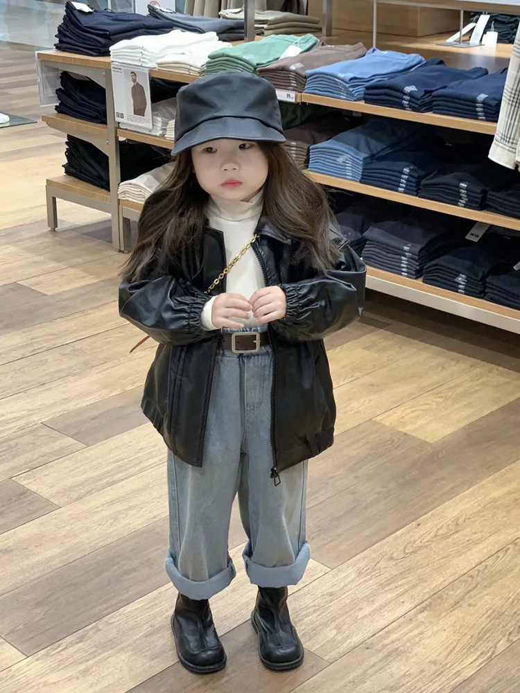 Children\'s Solid Black Leather Coat 2024 New Spring Autumn Windproof Elastic Cuffs Fashion Lapel Korean Style Zipper Outwear