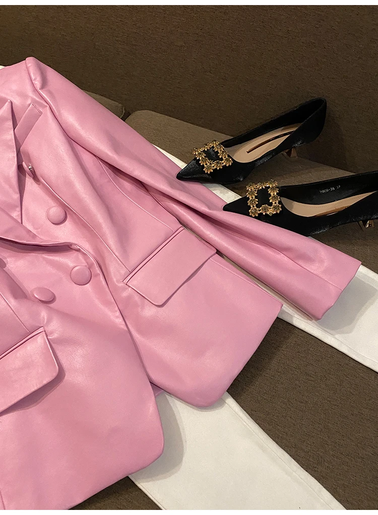 Lautaro Spring Stylish Short Pink Soft Pu Leather Blazer Long Sleeve Slim Fit Luxury Jackets for Women 2022 Elegant Fashion 5xl
