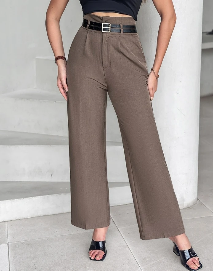 

Solid Color Solid Pocket Zipper Design High Waistband Waist Belt Work Pants Casual Versatile Commuting Casual Wide Leg Pants