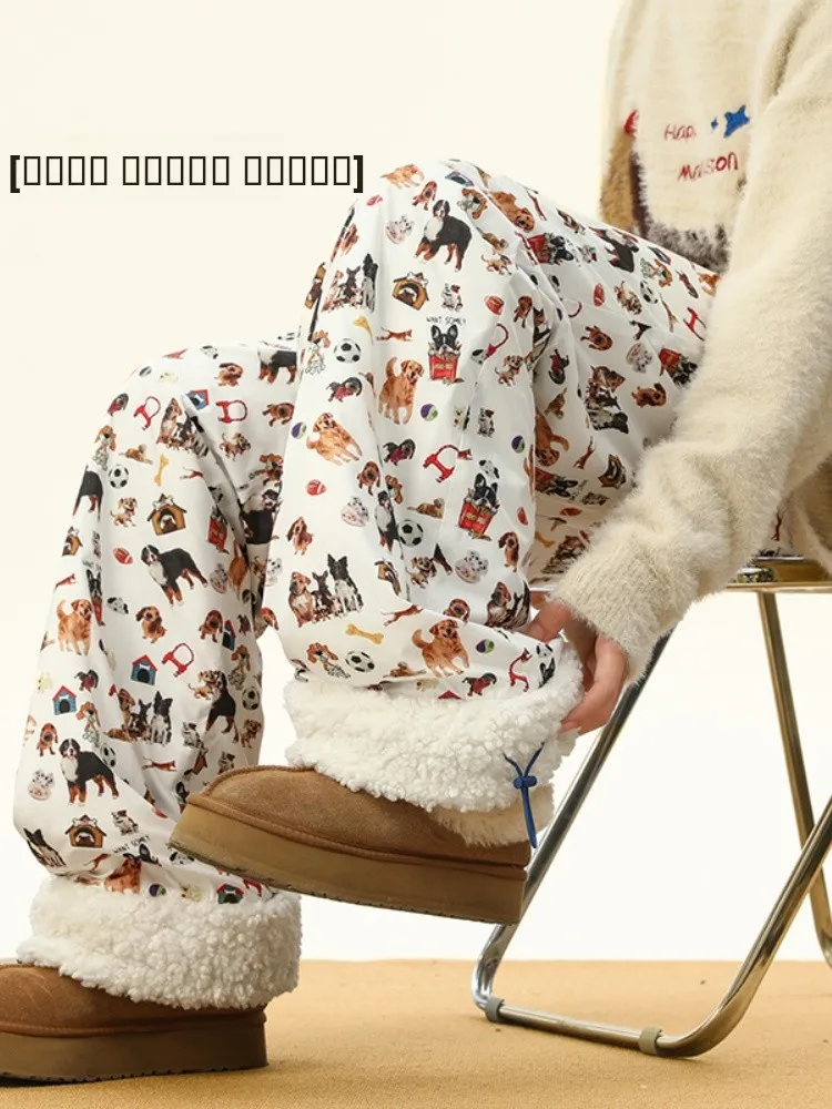 

Утепленные хлопковые брюки с принтом под овчину для мужчин и женщин, зимние, модные, брендовые, повседневные, широкие штаны