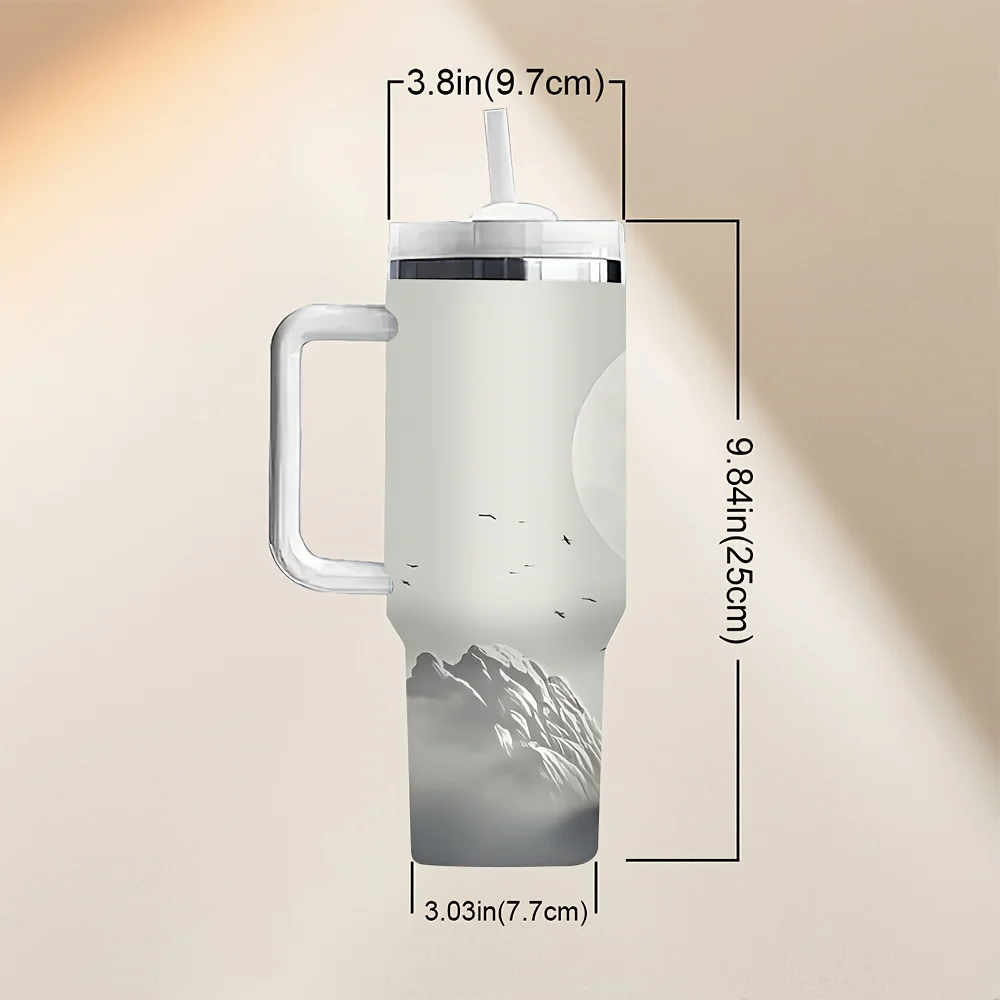 Black And White Ink Style Landscape Pine Tree Moon Bird Mountain Print Insulated Travel Tumbler with Handle And Straw