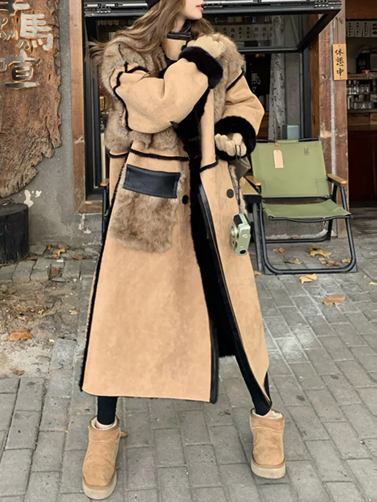 LANMREM Thicken Fur Coat For Women Lapel Double Breasted Long Sleeves Loose Big Size Coats 2024 Winter New Warm Clothes 2DB1692