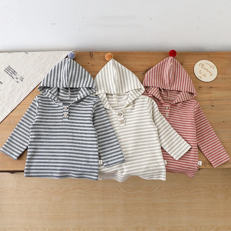 

Новинка 2025 года, осенняя толстовка с капюшоном для младенцев, полосатая базовая рубашка с длинными рукавами, футболка для мальчиков и девочек, детская футболка с капюшоном трапециевидной формы, топ