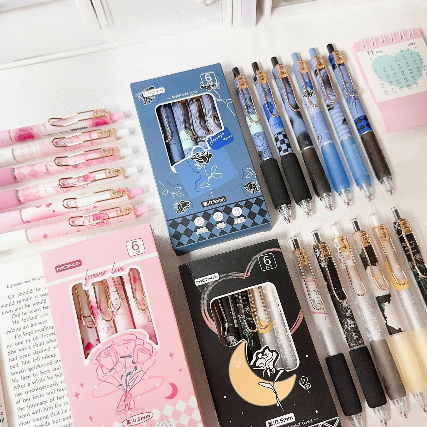 

6pcs Rose And Time Gel Pens Set Forever Love Romantic 0.5mm Ballpoint Black Color Ink for Writing School A3090