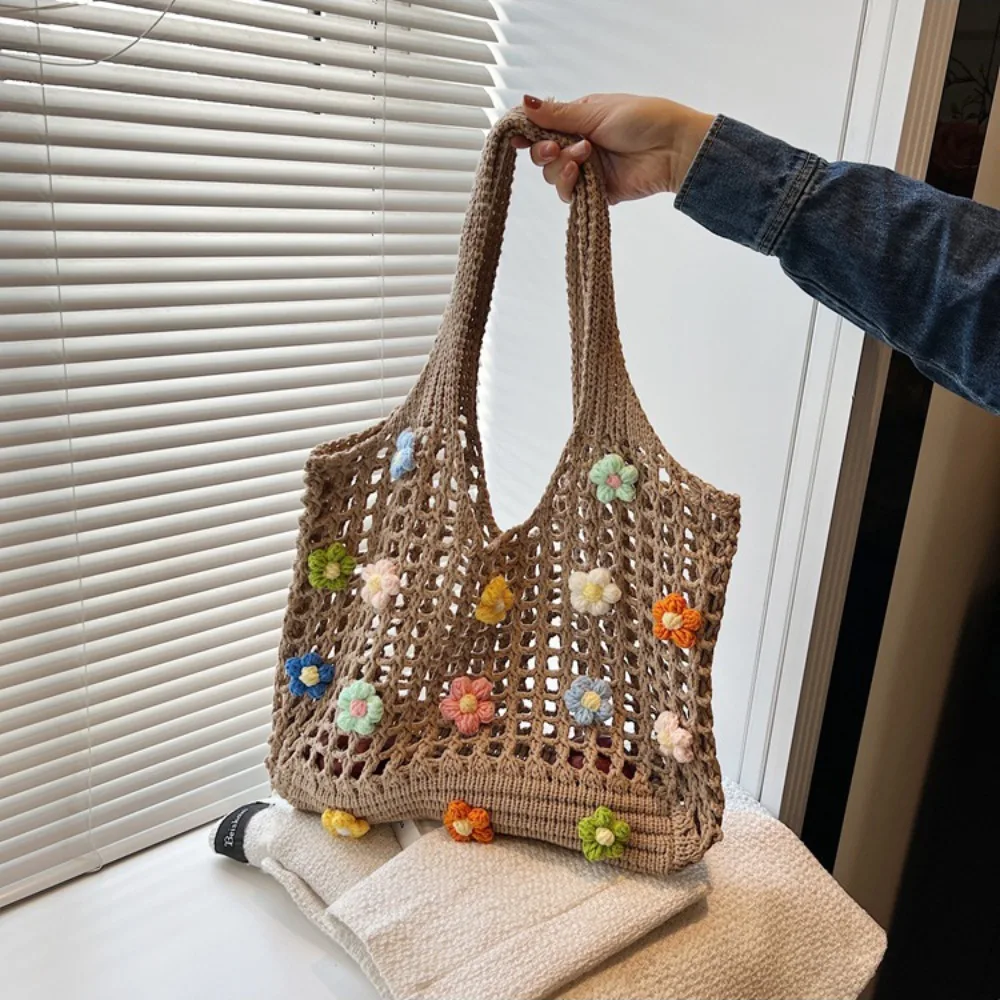 

Плетеная сумка с цветочной нитью, большая сумка, пляжная сумка в богемном стиле, большая вместительная пляжная сумка, полая сумка на плечо для путешествий