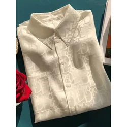 Classic Jacquard Long Sleeve Shirt For Women Lightweight Silk Slip-on Style Subtle Letter Printed Top For Spring Summer