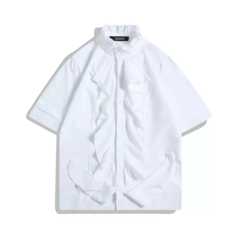 

Palace Style Retro Design Short Sleeve Shirt Splicing Unisex Loose High Quality Stand Collar Button Breathable T-shirt