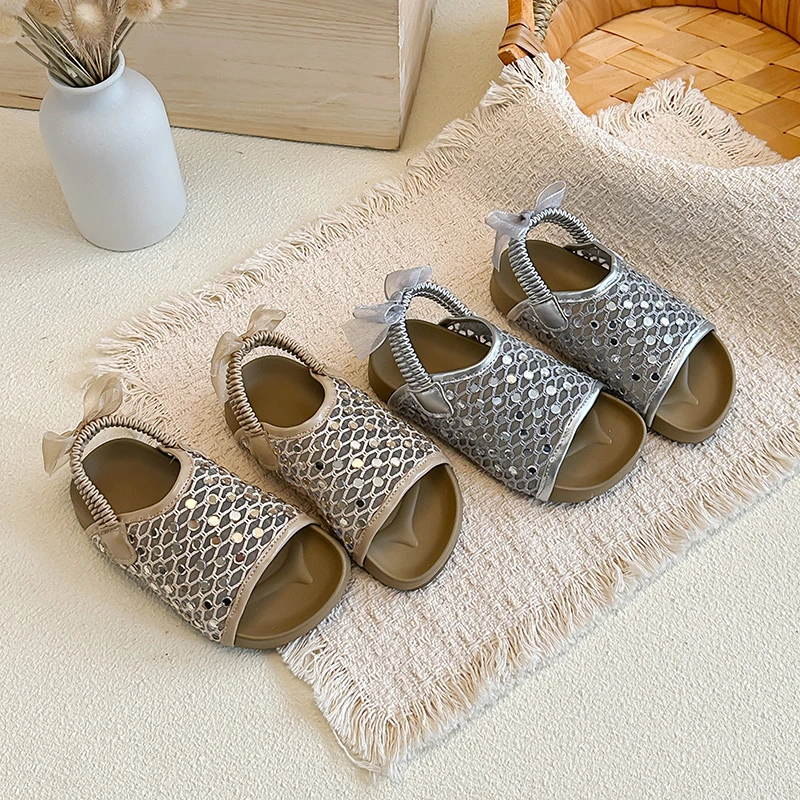 Girls Hollow Mesh Slide Sandals Shiny Sequins Decor Back Ankle Strap Bow Ornament Soft Thick Sole Open Toe Summer Walking Shoes