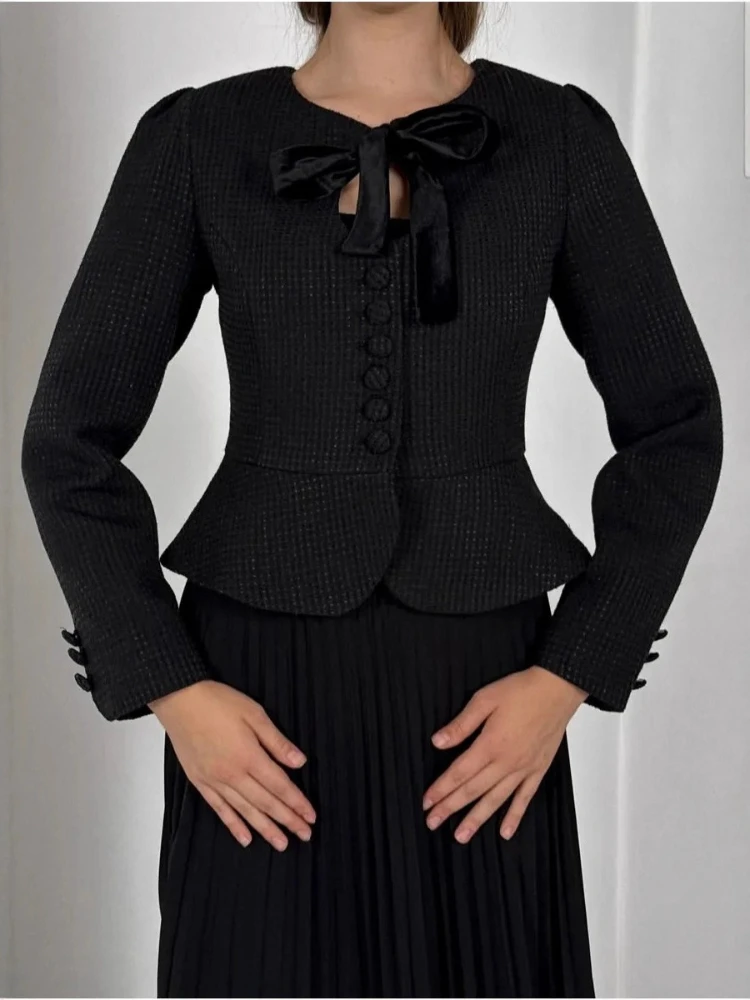 Tsiisd Elegance Bow Lace-Up Cardigan Jackets For Women Long Sleeve Slim Patchwork Tapered Waist Coat Female Fashion Jackets 2026