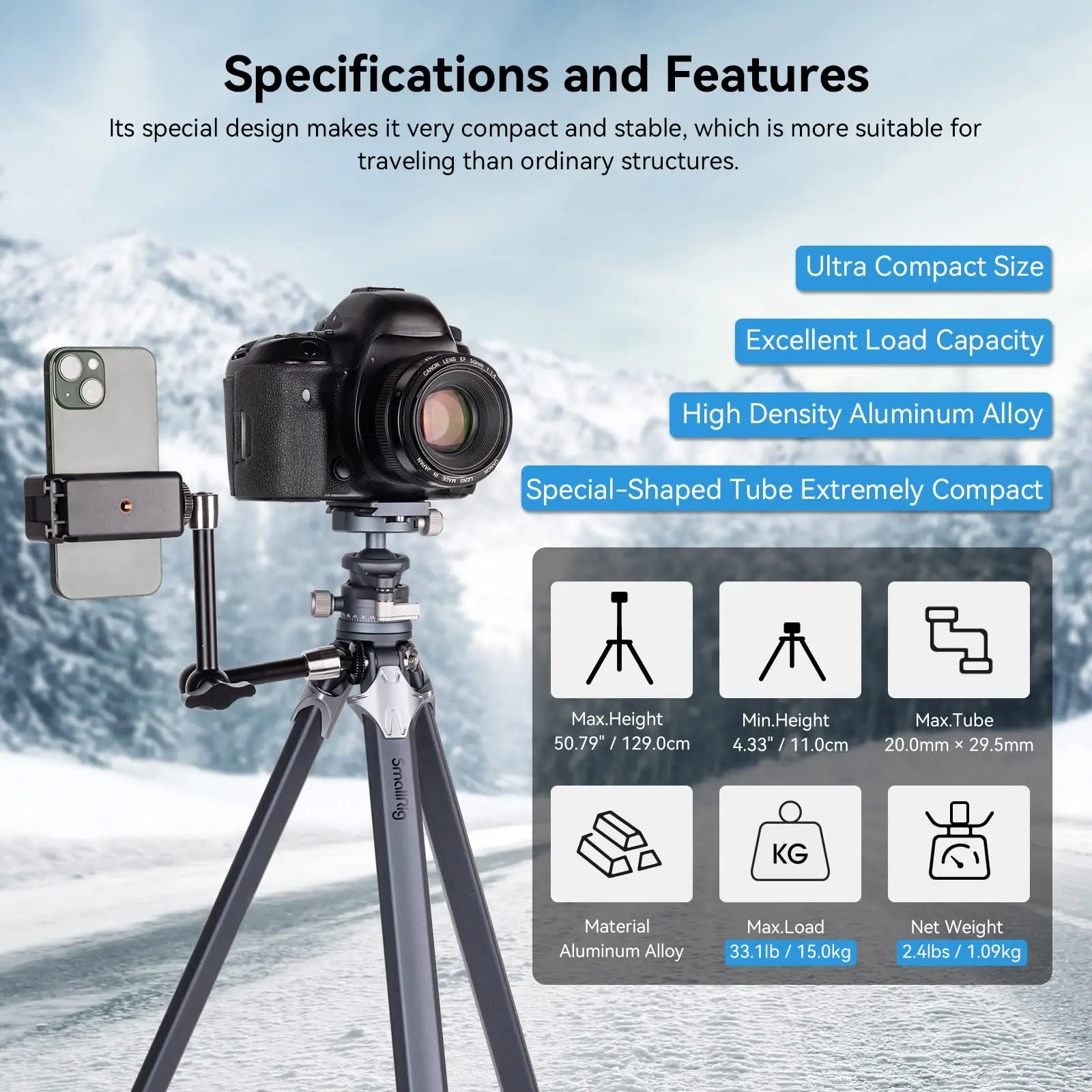 SmallRig AP-01 Aluminum Tripod Compact Lightweight Tripod Load Capacity 5-15kg for Camera Smartphone Telephoto Lens 3983