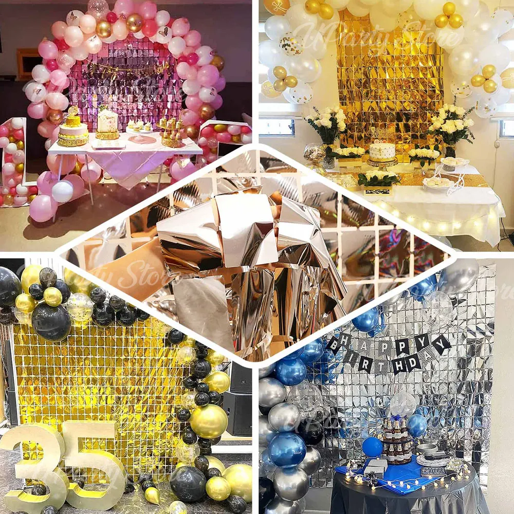 2 Stück silberne quadratische Hintergrundvorhänge, schimmernde Folie, Wandhintergrund, Lametta-Luftschlangen für Geburtstag, Hochzeit, Weihnachten, Disco, Party, Deko – Detail 6
