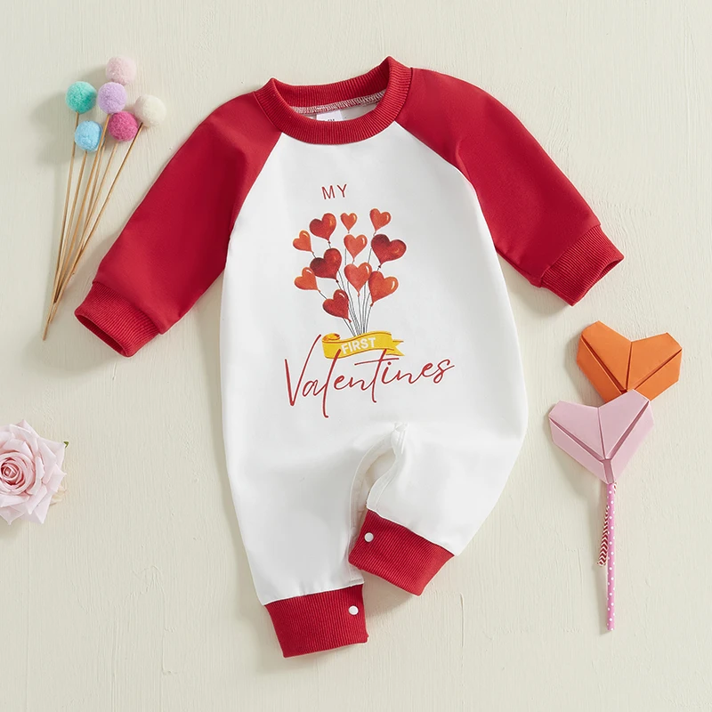 Baby Jumpsuit Long Sleeve Crew Neck Heart Print Fall Romper Valentine’s Day Clothes for Boys Girls