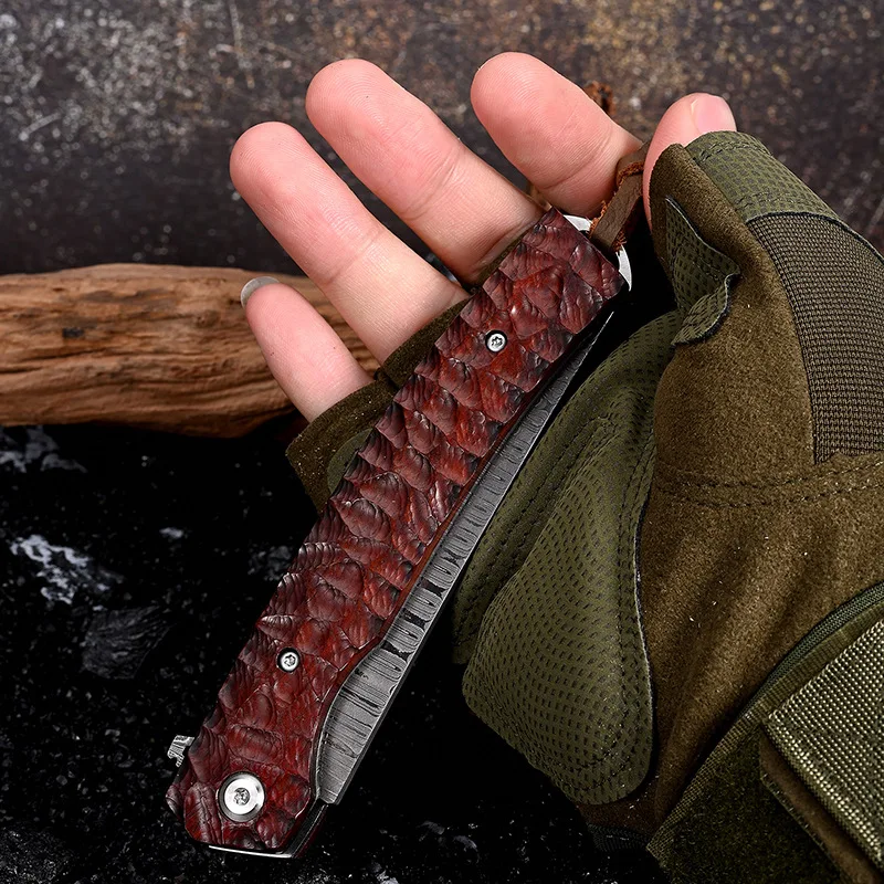 Damascus Steel Handmade Blade Steel Wood Handle Camping Defense Pocket Knives Outdoor Tactical Survival Folding Knife EDC Tools