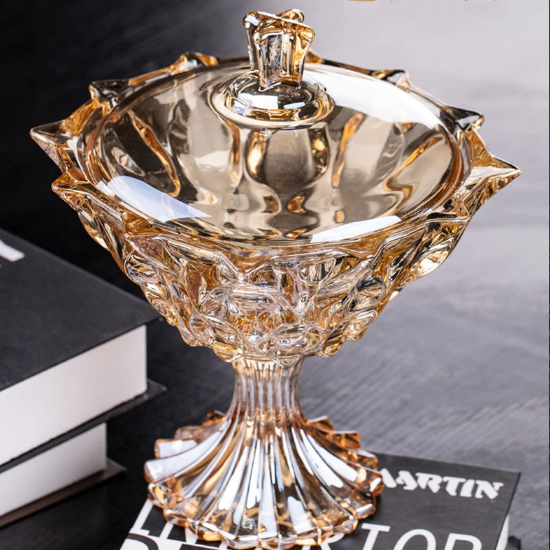 

European-style Crystal Glass Ornaments With Lid Small Fruit Plate Home Living Room Large Storage Tank Home Decoration Sugar Tank