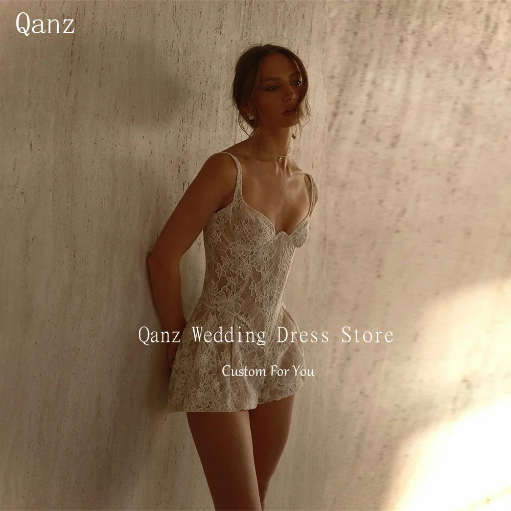 

Qanz Ivory Lace Appliques Wedding Dress Mini Spaghetti Strap Robe De Mariée Corset Back Short Women Bridal Gowns Customized