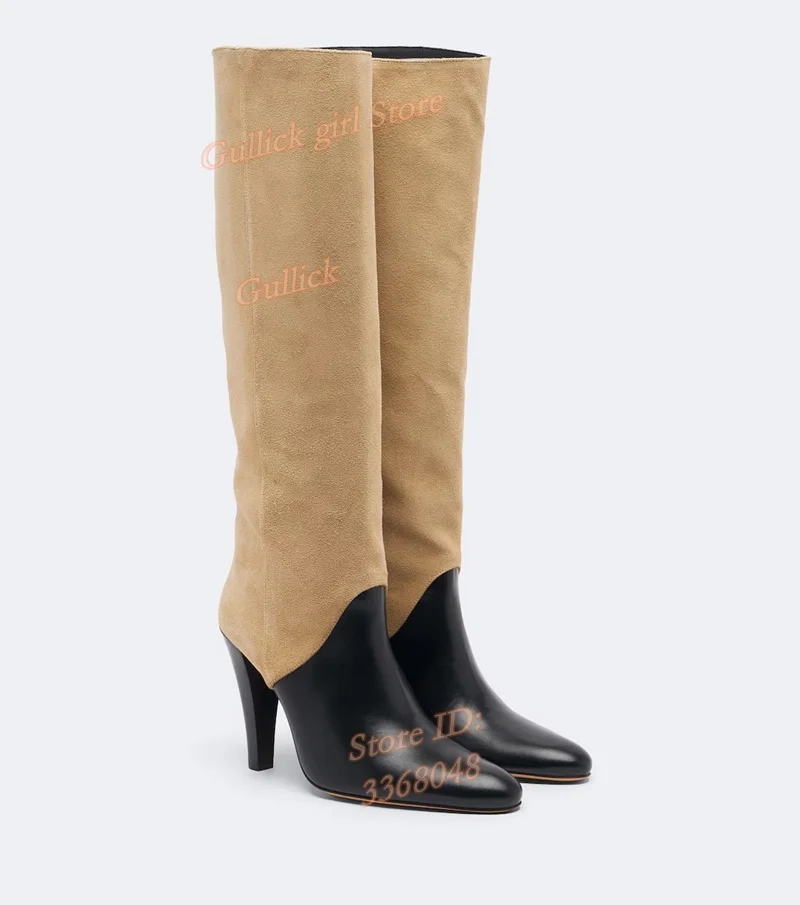 Patchwork Beige Suede Knee High Boots Block High Heel Round Toe Slip On Runway 2026 Trending Winter Autumn Women Dress Shoes