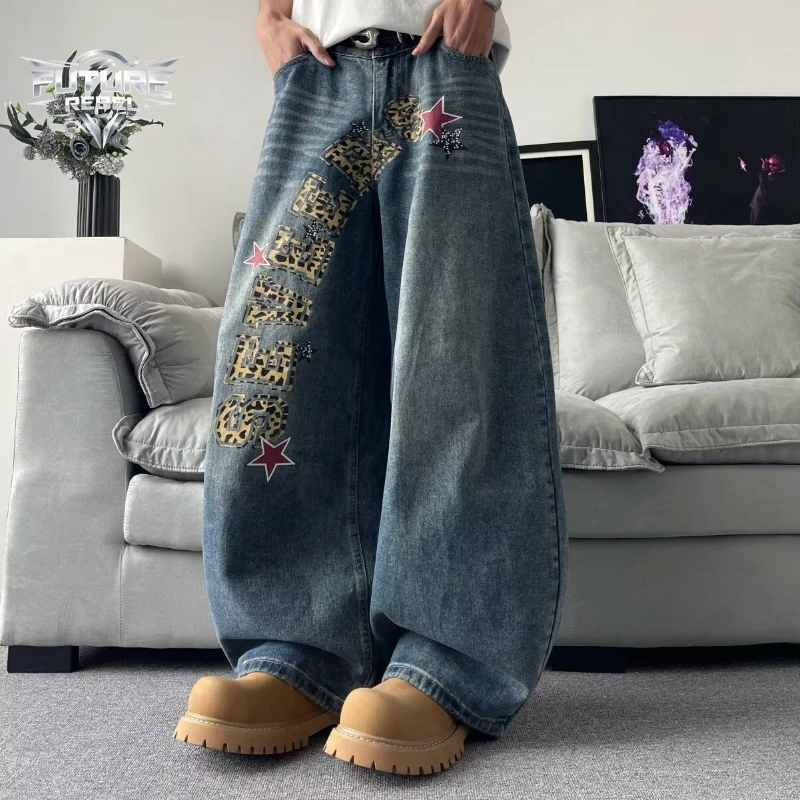 American Retro Y2K Aesthetic Leopard Print Graphic Curved Jeans Unisex Loose Wide Leg Baggy Pants Casual Streetwear Harajuku New